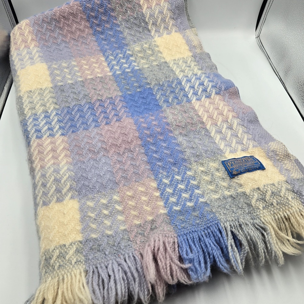 Vtg Pendleton Wool Throw Baby Blanket Creamy Pastel Fringe Spiral Weave 61x46" - Picture 2 of 5